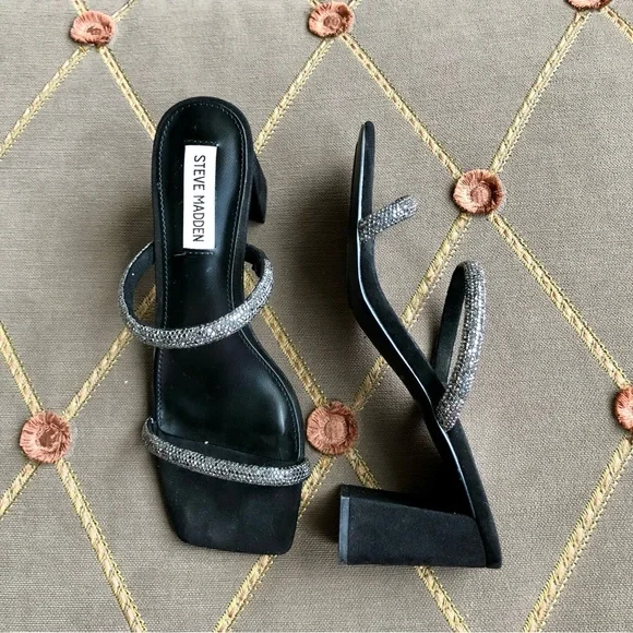 Sold Steve Madden Sandals Slides with High Heel in Silver Sparkle & Black (7.5) - Picture 1 of 7